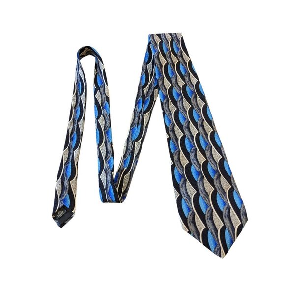Mens Neck Tie Necktie Black Blue Geometric Silk Abstract Art Deco Long - Picture 2 of 3